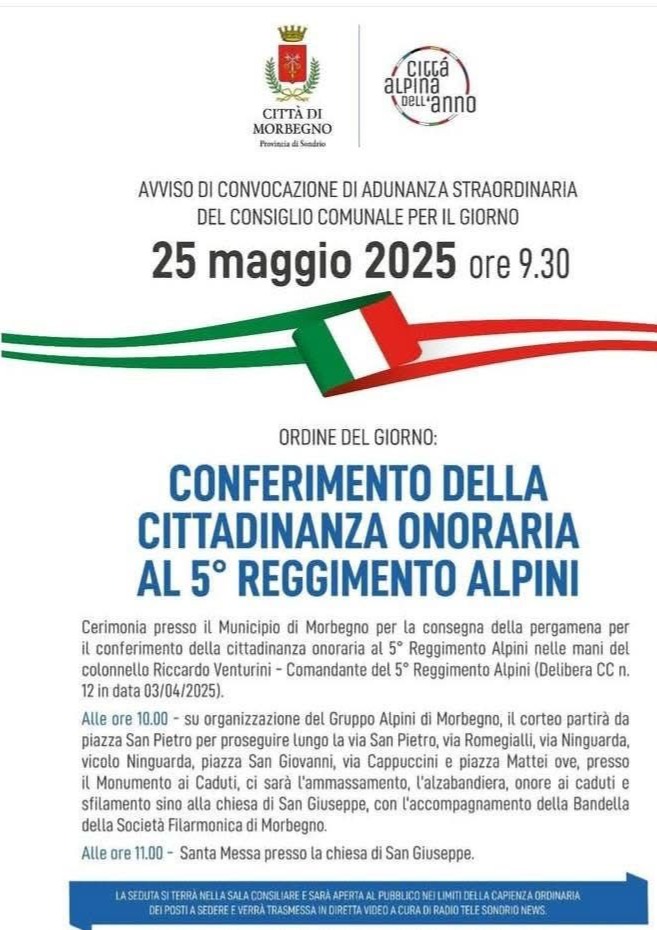 Immagine Evento Cittadinanza onoraria al 5° Reggimento Alpini | Calendario Valtellinese