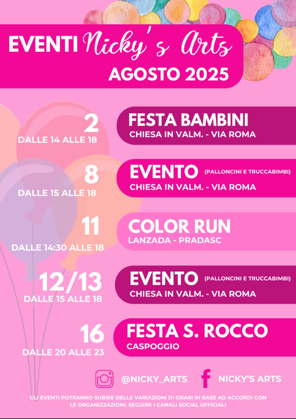 Immagine Evento Agosto 2025 con Nicky’s Arts | Calendario Valtellinese