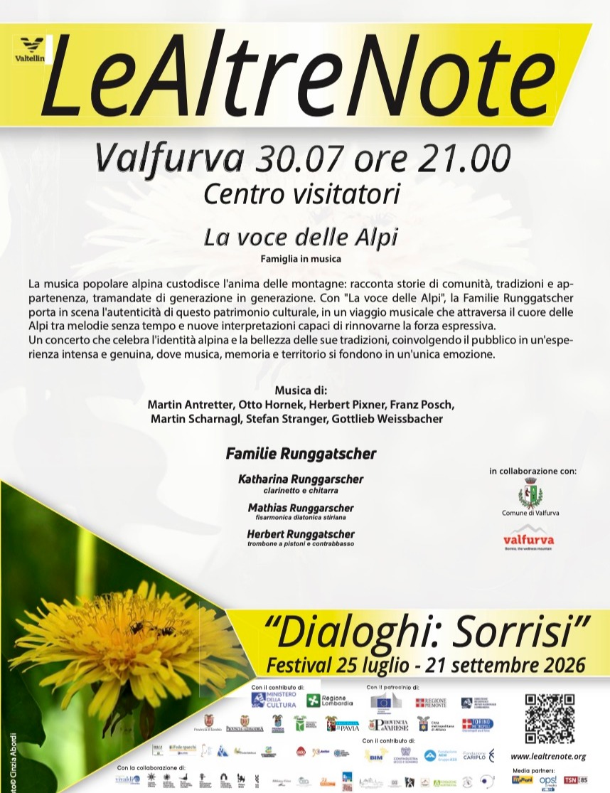 Immagine Evento Festival Le Altre Note 2026 — Dialoghi: Sorrisi La voce delle Alpi Katharina, Mathias e Herbert Runggatscher | Calendario Valtellinese
