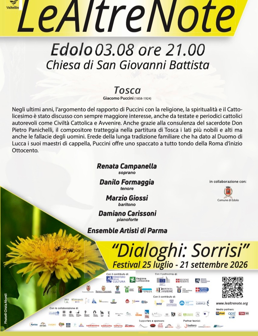 Immagine Evento Festival Le Altre Note 2026 — Dialoghi: Sorrisi Tosca Ensemble Artisti di Parma | Calendario Valtellinese