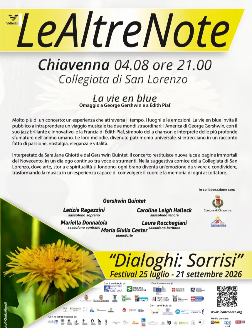 Immagine Evento Festival Le Altre Note 2026 — Dialoghi: Sorrisi La vie en blue Sara Jane Ghiotti, Gershwin Quintet | Calendario Valtellinese