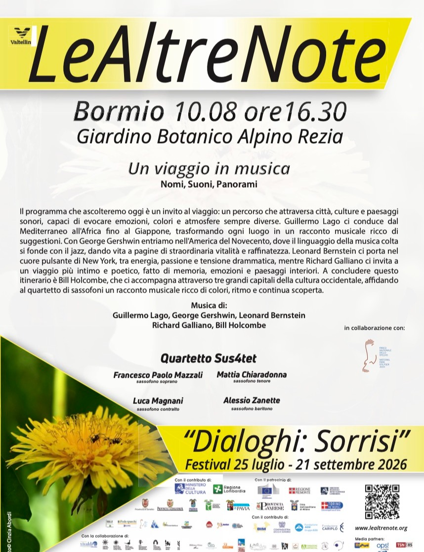 Immagine Evento Festival Le Altre Note 2026 — Dialoghi: Sorrisi Un viaggio in musica. Nomi, suoni, panorami Quartetto Sus4tet | Calendario Valtellinese