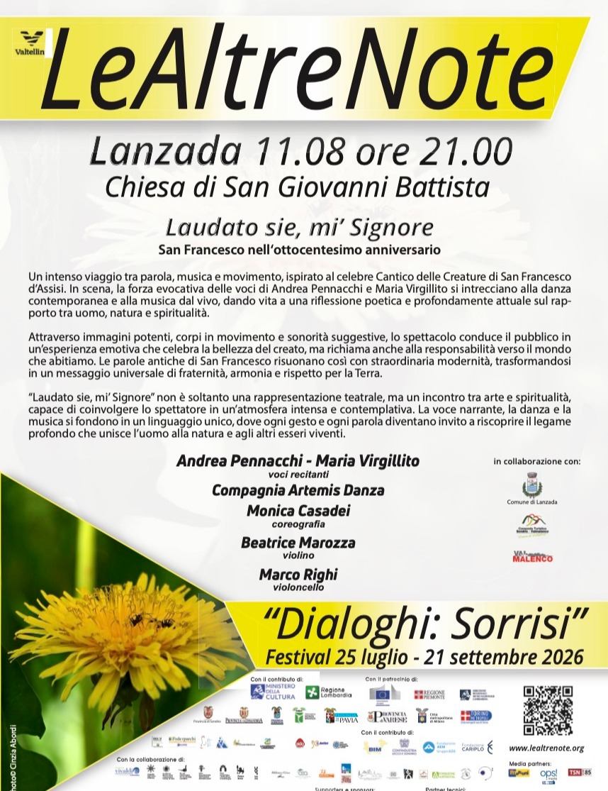 Immagine Evento Festival Le Altre Note 2026 — Dialoghi: Sorrisi Laudato sie, mi' Signore Andrea Pennacchi, Maria Virgillito, Compagnia Artemis Danza | Calendario Valtellinese
