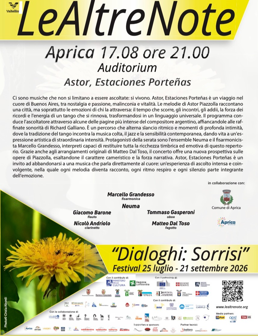Immagine Evento Festival Le Altre Note 2026 — Dialoghi: Sorrisi Astor, Estaciones Portenas Marcello Grandesso, Neuma Ensemble | Calendario Valtellinese
