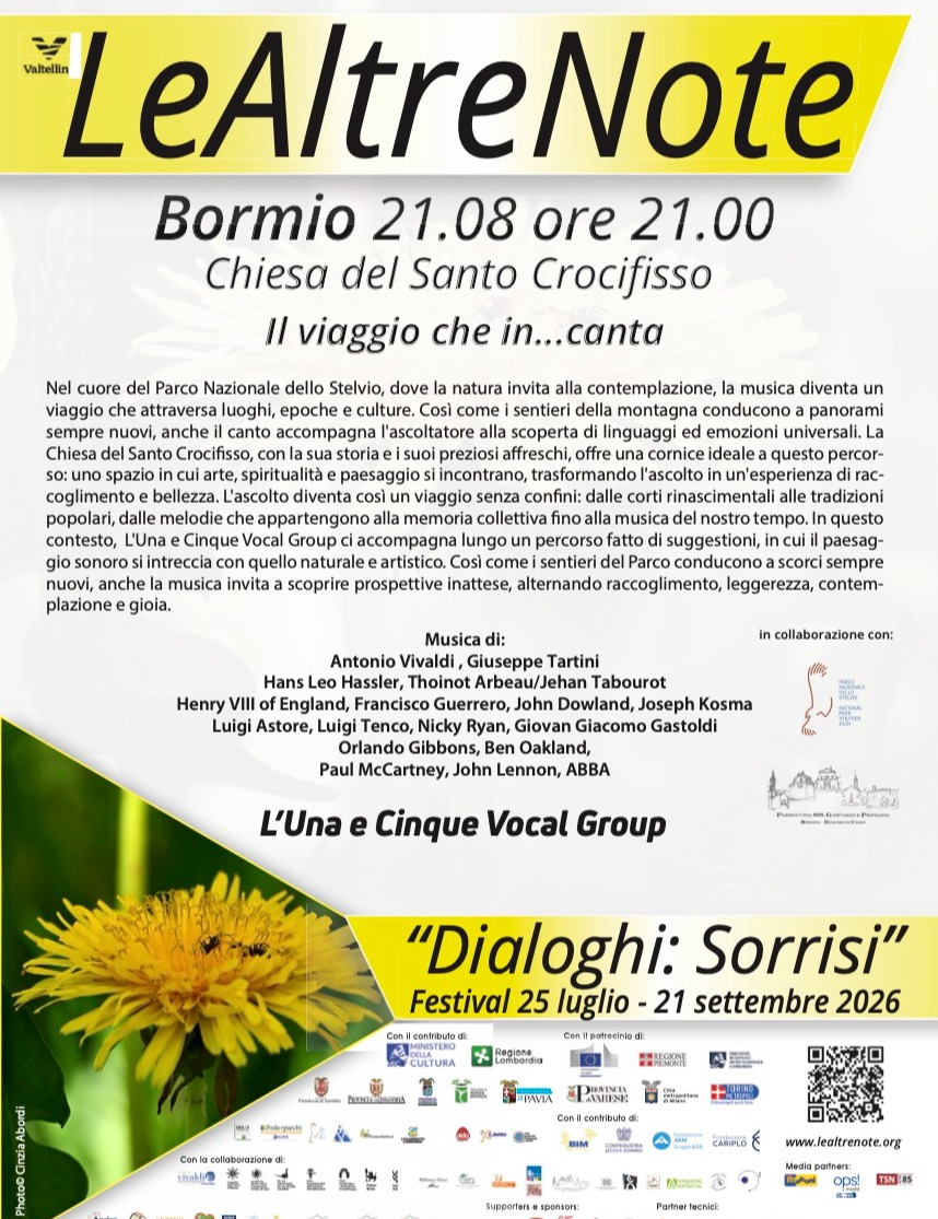 Immagine Evento Festival Le Altre Note 2026 — Dialoghi: Sorrisi Il viaggio che in…canta L'Una e Cinque Vocal Group | Calendario Valtellinese