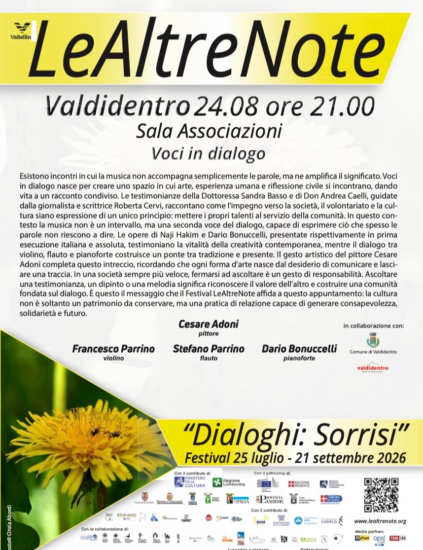 Immagine Evento Festival Le Altre Note 2026 — Dialoghi: Sorrisi Voci in dialogo Sandra Basso, Don Andrea Caelli, Roberta Cervi | Calendario Valtellinese