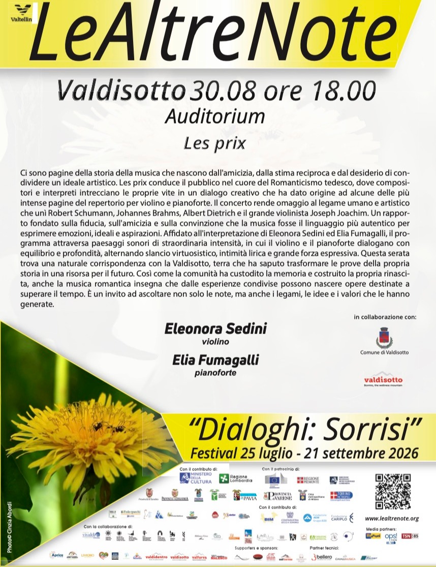 Immagine Evento Festival Le Altre Note 2026 — Dialoghi: Sorrisi Les prix Eleonora Sedini, Elia Fumagalli | Calendario Valtellinese