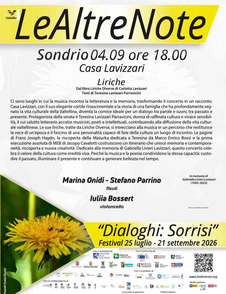 Immagine Evento Festival Le Altre Note 2026 — Dialoghi: Sorrisi Liriche Marina Onidi, Stefano Parrino, Iuliia Bossert | Calendario Valtellinese