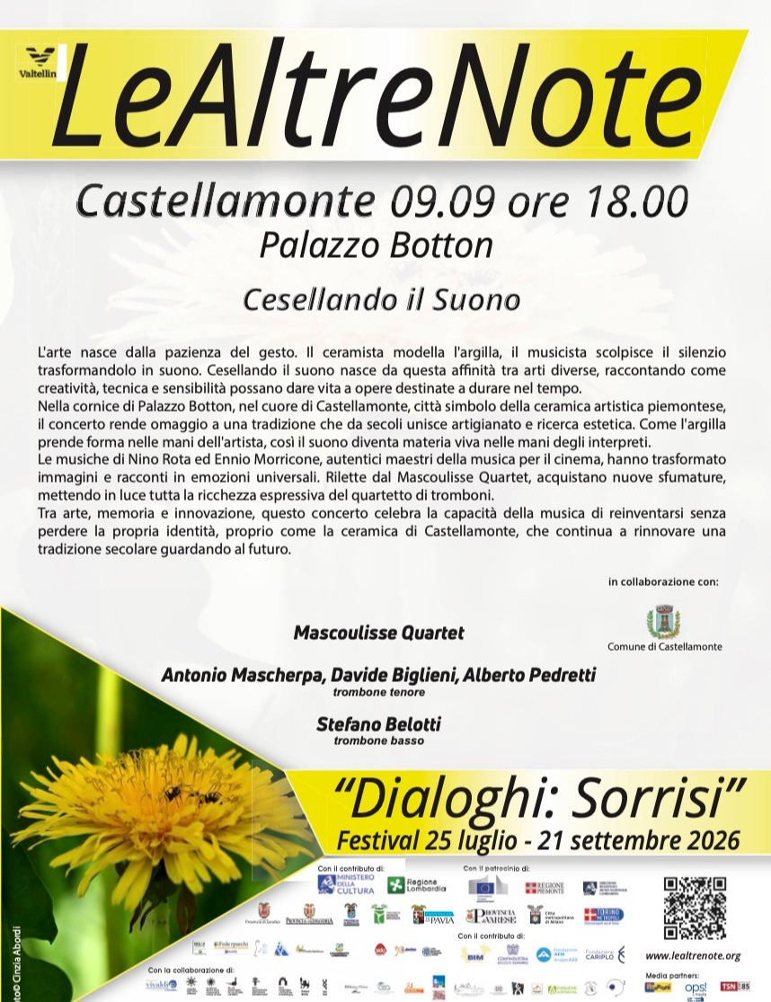 Immagine Evento Festival Le Altre Note 2026 — Dialoghi: Sorrisi Cesellando il Suono. Da Rota a Morricone Mascoulisse Quartet | Calendario Valtellinese