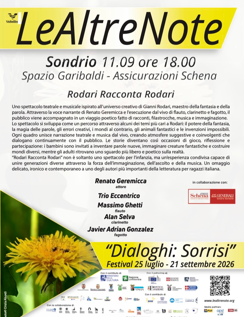 Immagine Evento Festival Le Altre Note 2026 — Dialoghi: Sorrisi Rodari Racconta Rodari Renato Geremicca, Trio Eccentrico | Calendario Valtellinese