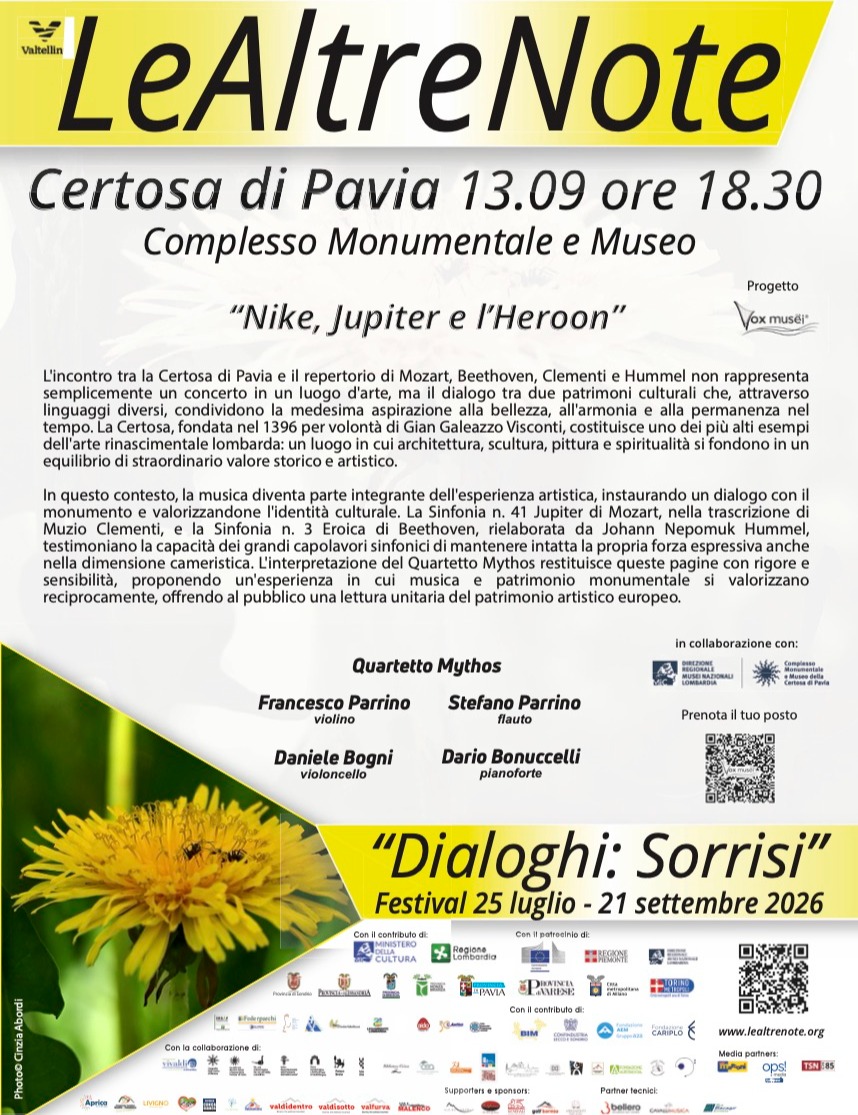 Immagine Evento Festival Le Altre Note 2026 — Dialoghi: Sorrisi Nike, Jupiter e l'Heroon Quartetto Mythos | Calendario Valtellinese