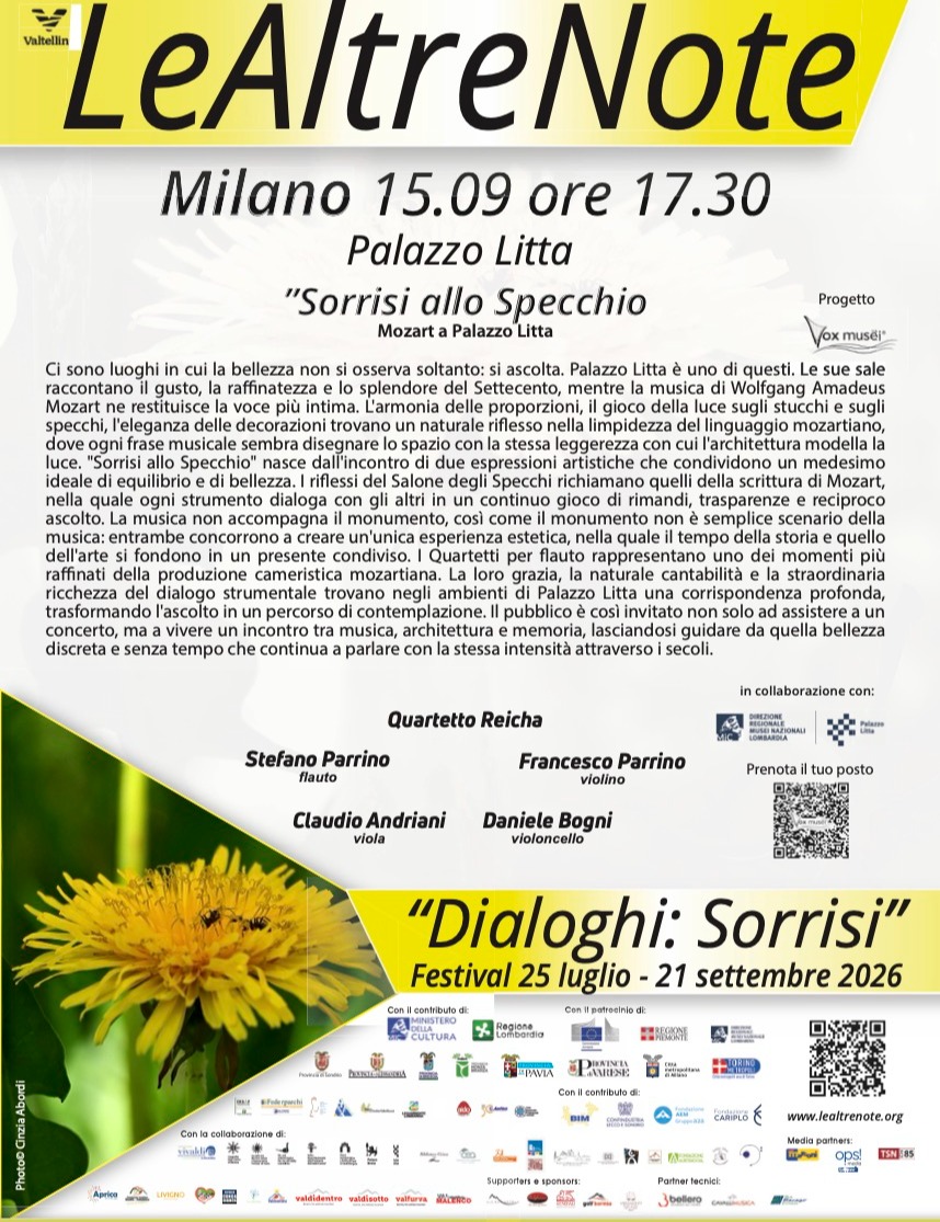 Immagine Evento Festival Le Altre Note 2026 — Dialoghi: Sorrisi Sorrisi allo Specchio. Mozart a Palazzo Litta Quartetto Reicha | Calendario Valtellinese