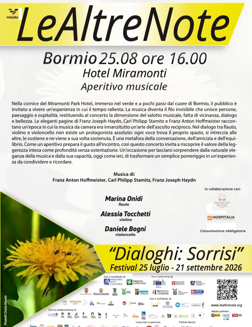Immagine Evento Festival Le Altre Note 2026 — Dialoghi: Sorrisi Aperitivo musicale Marina Onidi, Alessia Tocchetti, Daniele Bogni | Calendario Valtellinese