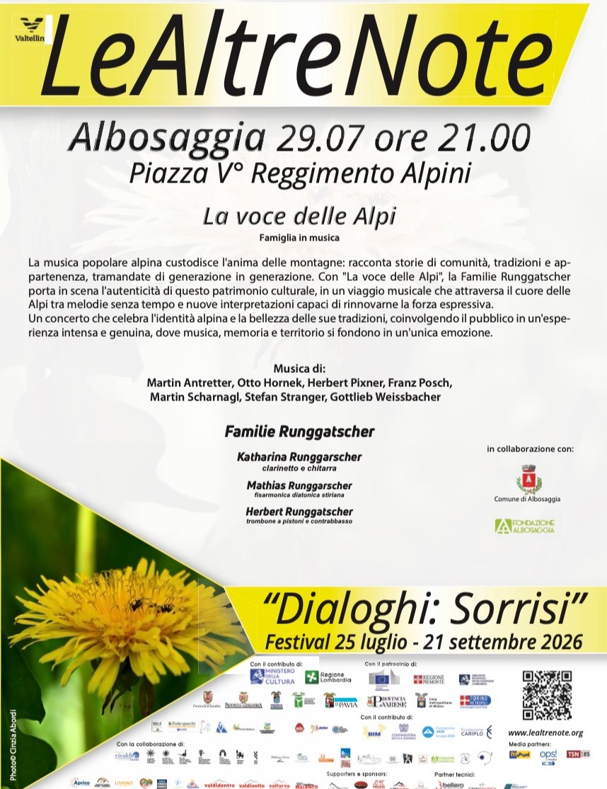 Immagine Evento Festival Le Altre Note 2026 — Dialoghi: Sorrisi La voce delle Alpi Katharina, Mathias e Herbert Runggatscher | Calendario Valtellinese