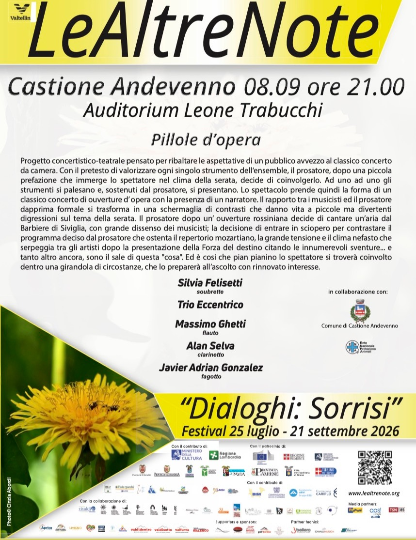 Immagine Evento Festival Le Altre Note 2026 — Dialoghi: Sorrisi Pillole d'opera Silvia Felisetti, Trio Eccentrico | Calendario Valtellinese